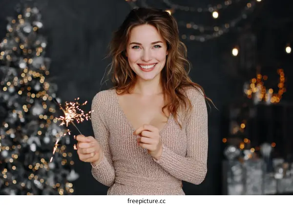 Smiling Woman Holding Sparkler by Christmas Tree
