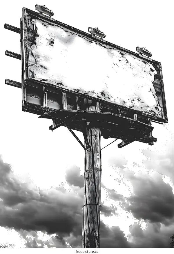 Old Wooden Billboard with Blank Space and Cloudy Sky