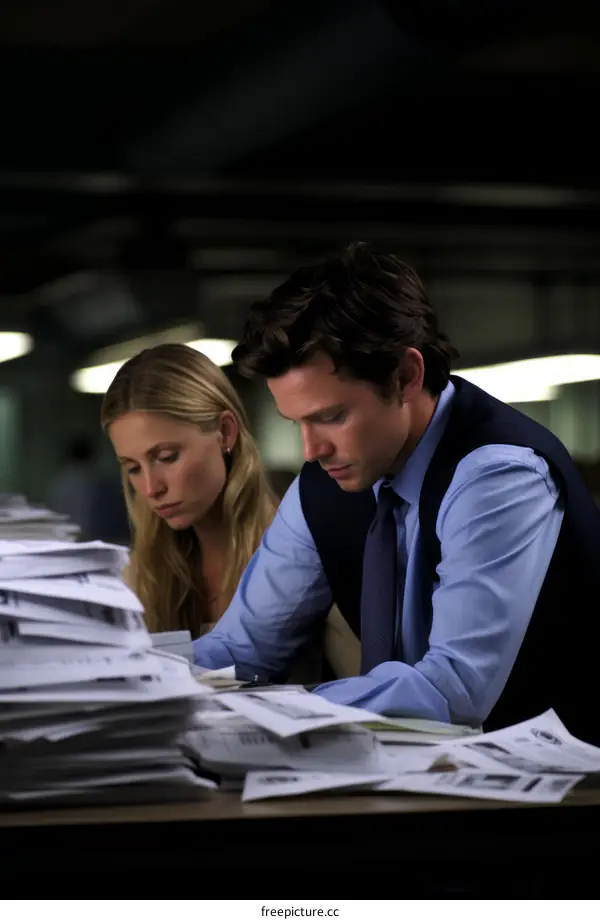 Two business people looking at documents