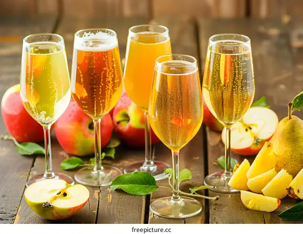 Apple Cider in Wine Glasses with Apples and Pears