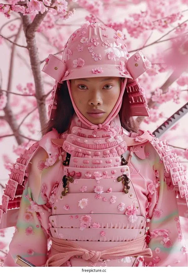 Portrait of a Young Woman in Pink Samurai Armor