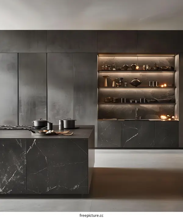 Modern Kitchen Design with Dark Marble and Minimalist Decor