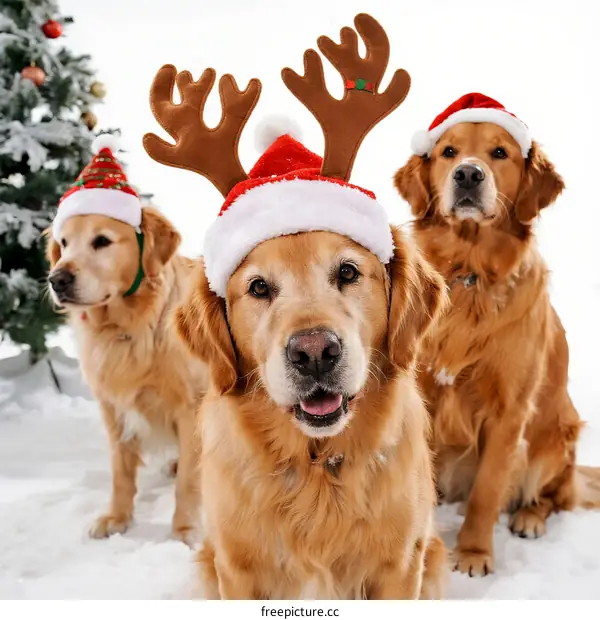 Three Golden Retrievers Wearing Christmas Hats and Antlers in Snow