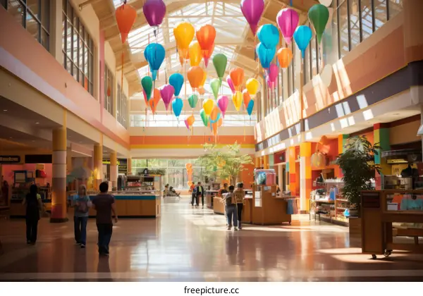 Colorful balloons decoration in shopping mall with people walking