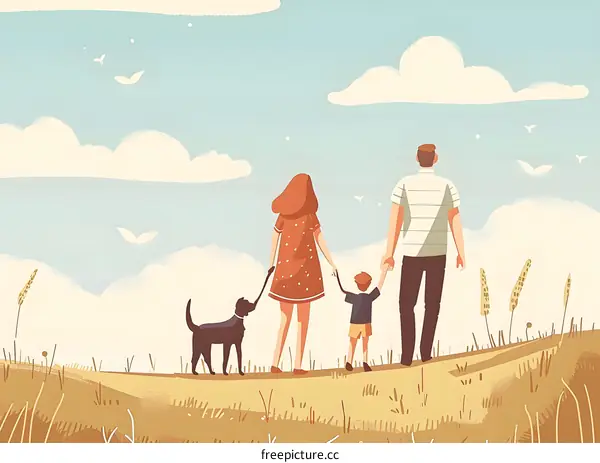 Family of Three Walking in a Field