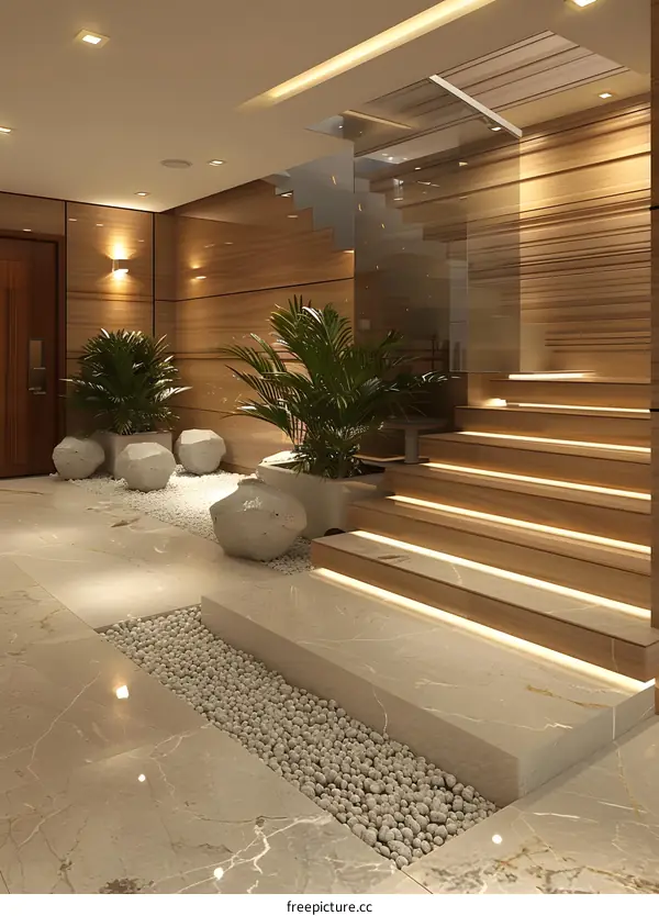 Modern Minimalist Home Interior Design with Wooden Stairs and Plants