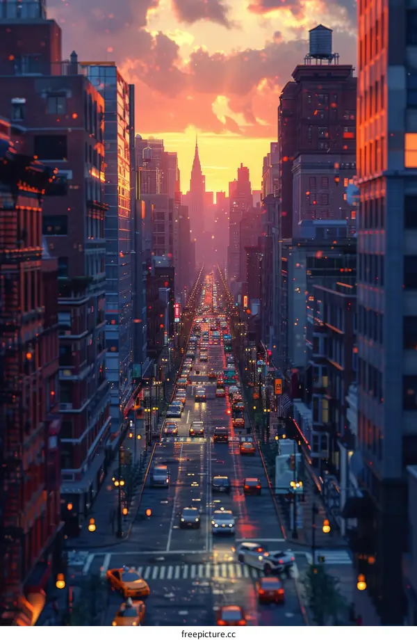 A long and wide street in a big city with tall buildings on both sides and a lot of traffic on the road