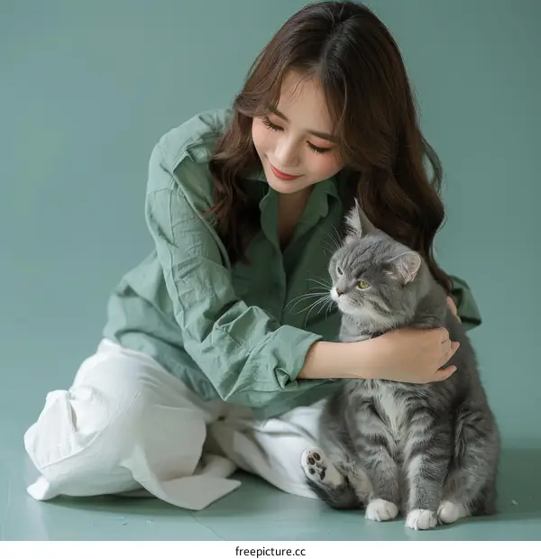A woman is sitting on the floor with a cat