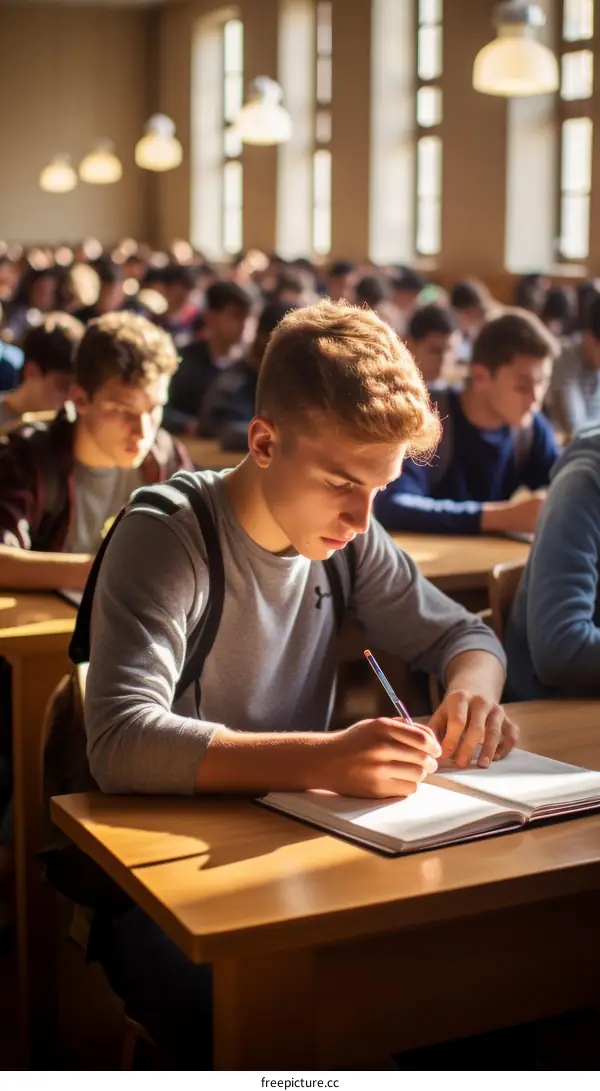 Focused young male student writing notes during class lecture in college