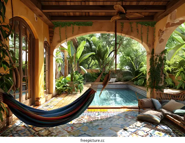 Relaxing Tropical Courtyard with Hammock and Pool