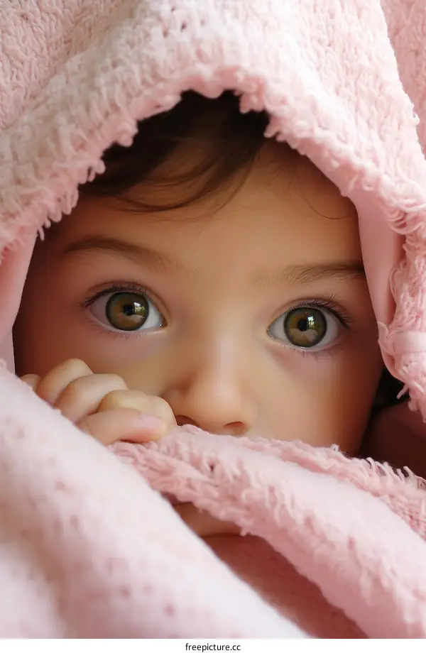 A cute baby girl is hiding under a pink blanket and peeking out with her big brown eyes