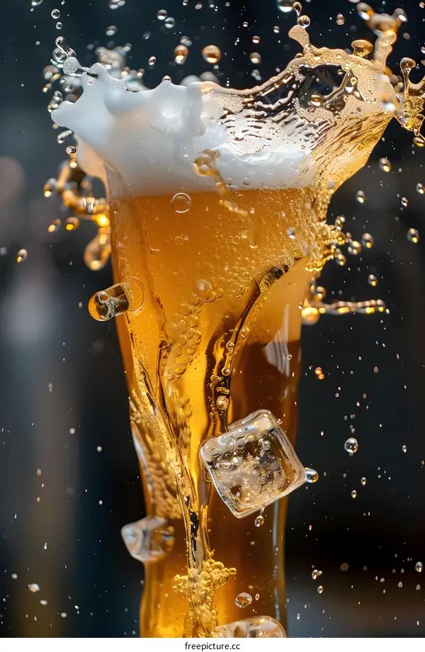 Closeup of Beer Splash With Ice Cubes