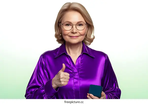 Smiling Woman in a Purple Satin Blouse