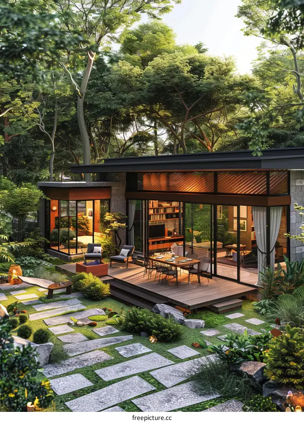 Modern House Exterior Design with Deck and Garden