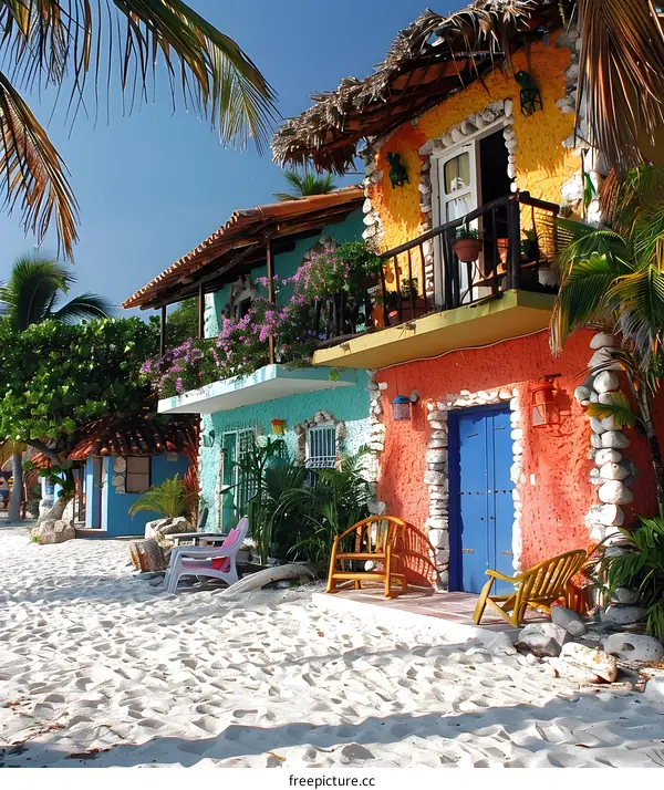Colorful Beach Houses on White Sand