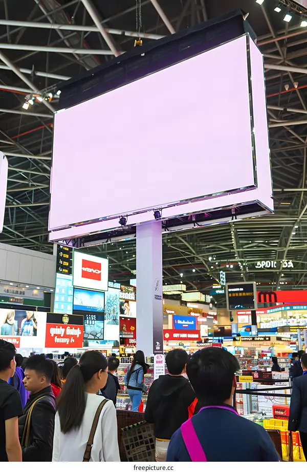 Large Blank Billboard Hanging in a Busy Indoor Market