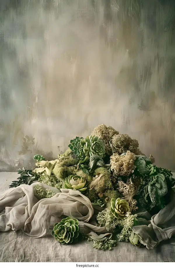 Green Succulents and Moss on Fabric with Wall Background
