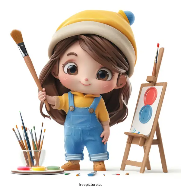 A cute little girl with a paintbrush and an easel