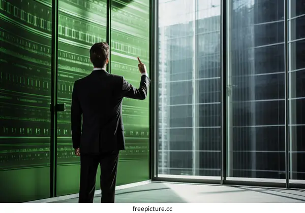 Businessman in suit pointing at green digital screen with big data