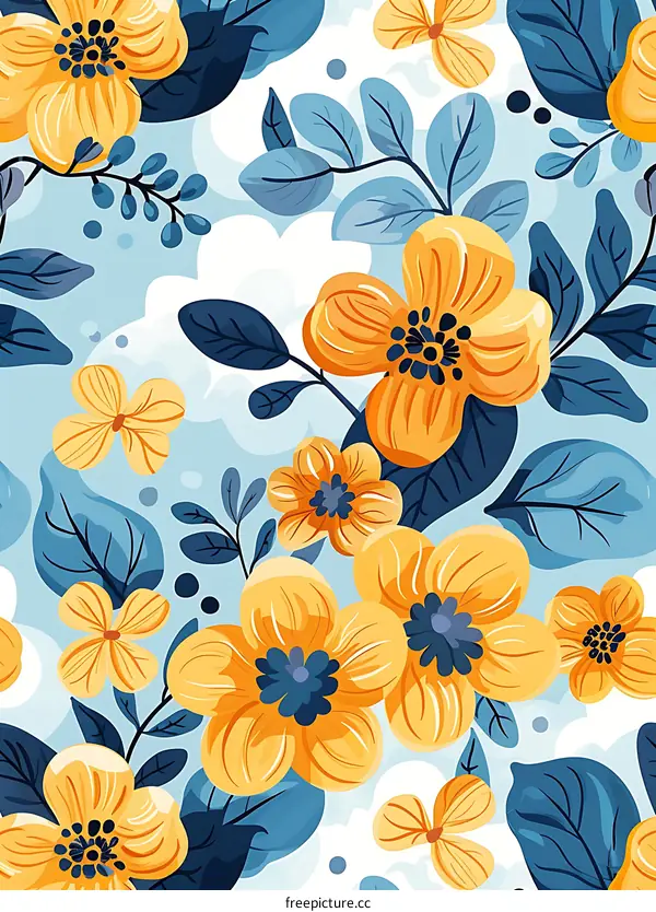 Seamless Floral Pattern with Yellow Flowers and Blue Leaves