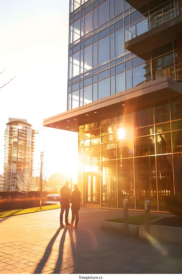 Two People Standing In Front Of A Modern Building During Sunset
