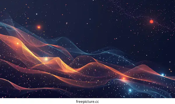 Colorful abstract background with flowing light waves and particles