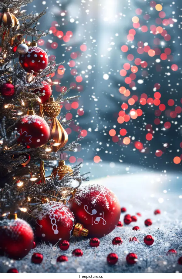 Christmas Tree Decorated with Ornaments in Snowy Landscape