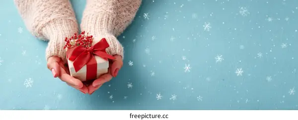 Woman Hands Holding a Small Gift Box on Winter Background