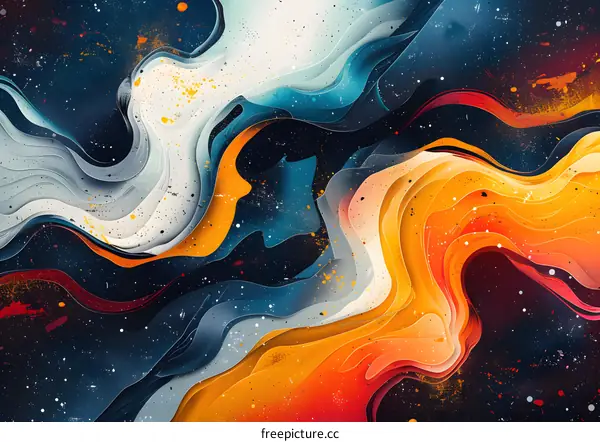 Wavy abstract painting with blue, white, orange and red colors