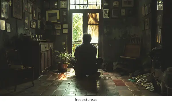 A man is sitting on the floor in a dark room