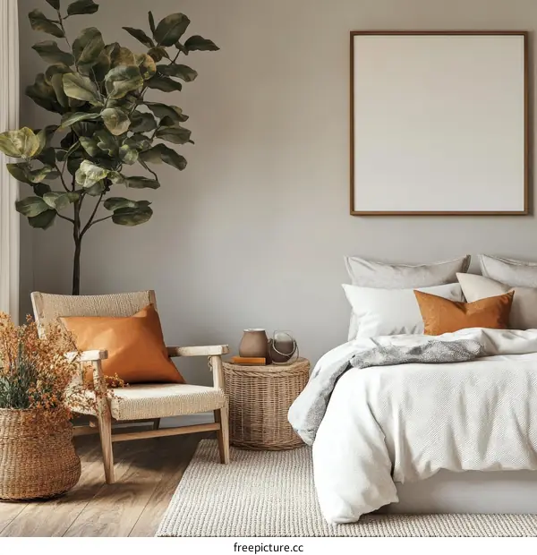 Modern Bedroom Interior Design Mockup with Blank Frame