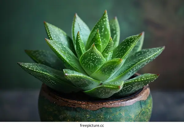 Close up of green aloe plant in ceramic pot
