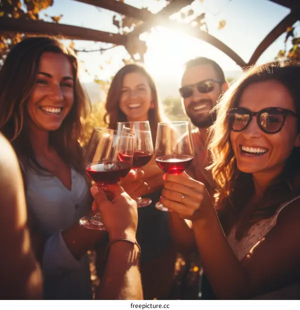 Four cheerful friends toasting with red wine in a vineyard