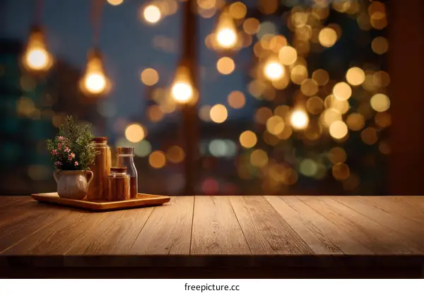 Wooden Table Top with Decorative Items and Bokeh Background