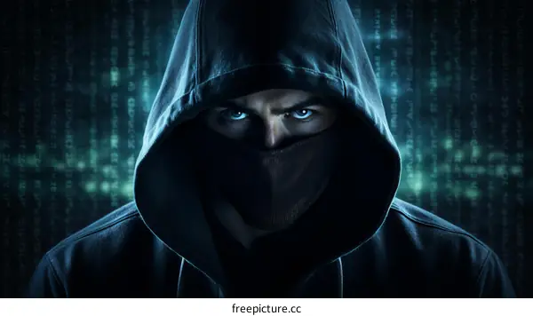 Man in black hoodie and mask with glowing green background