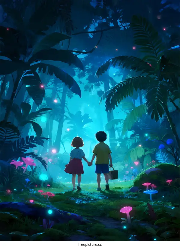 Two children walking hand in hand through a magical glowing forest