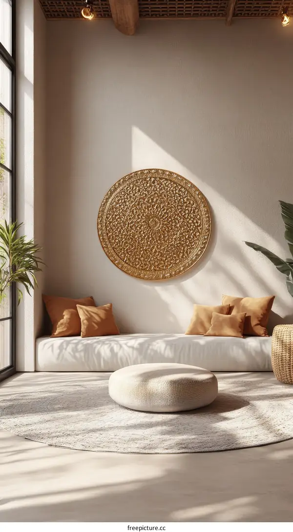 Modern Bohemian Living Room with Golden Wall Decor