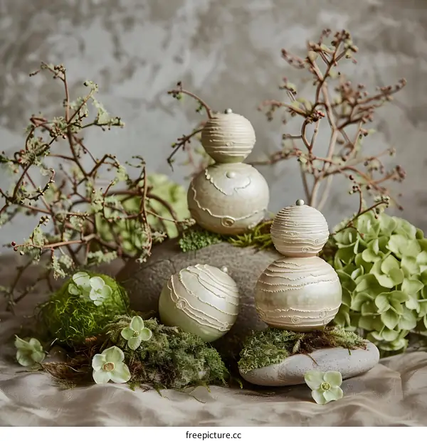 Decorative Ceramic Ornaments on Rocks and Moss