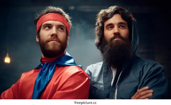 Two Caucasian Men in Superhero Costumes