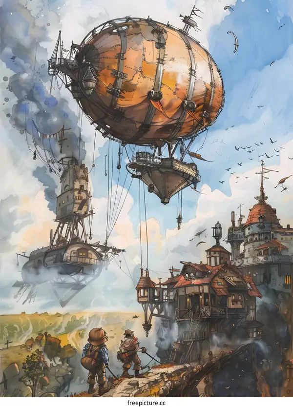 Steampunk Airship Flying Over Fantasy Cityscape With Two People