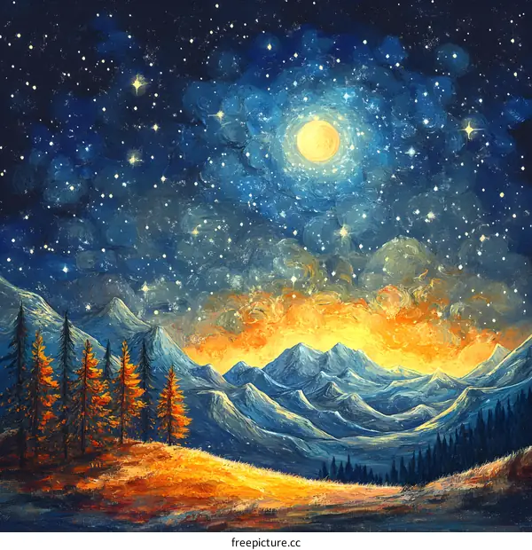 Night Sky Landscape Painting with Mountains and Stars