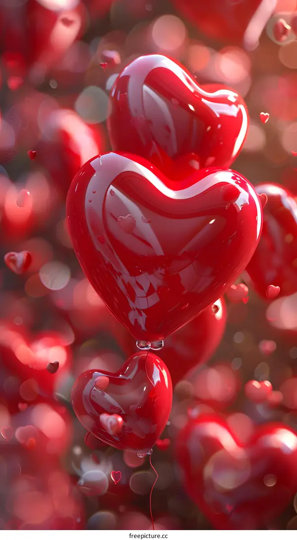 Red heart balloons floating in the air