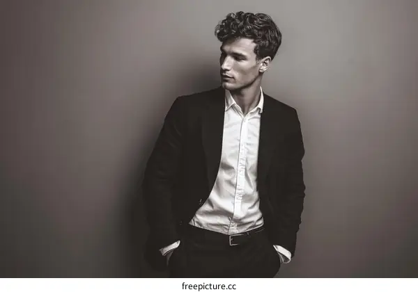 Stylish Caucasian Man in a Black Suit