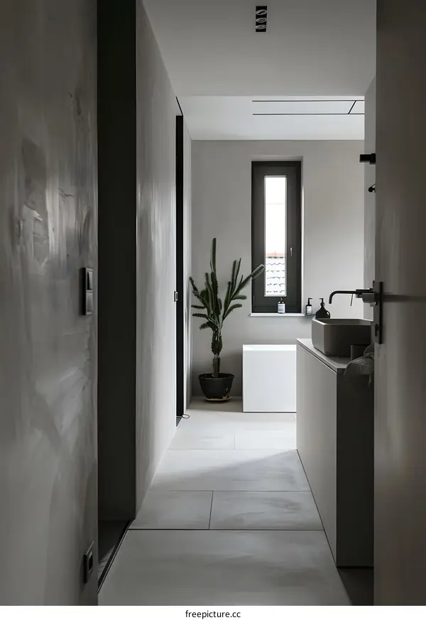 Modern Minimalist Bathroom Interior Design with Grey Walls and a Cactus Plant
