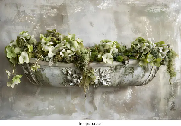 Vintage Style Planter with Green Plants on a Wall