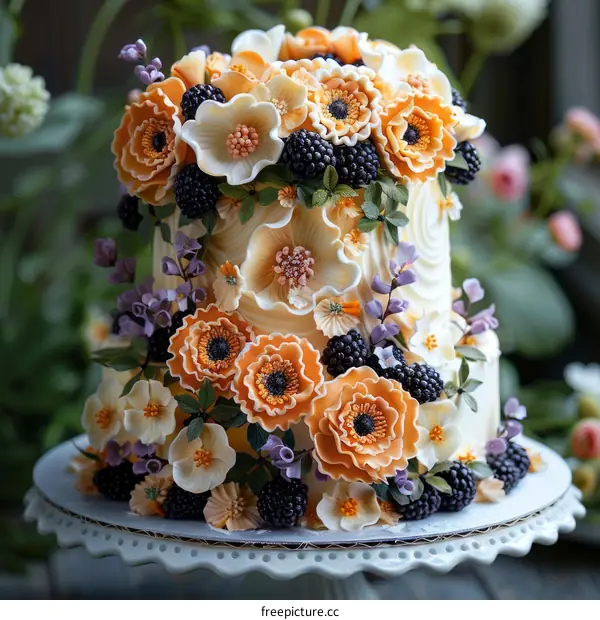 An orange and white wedding cake decorated with sugar flowers and blackberries