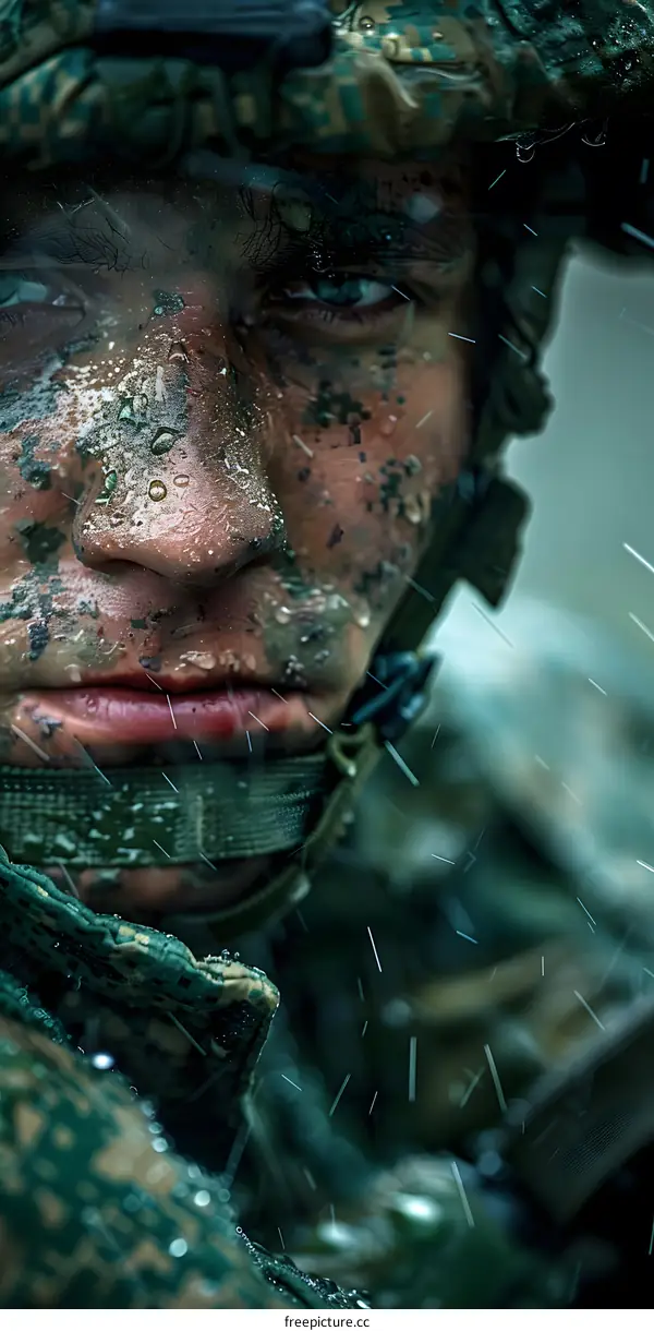 Portrait of a soldier with raindrops on his face