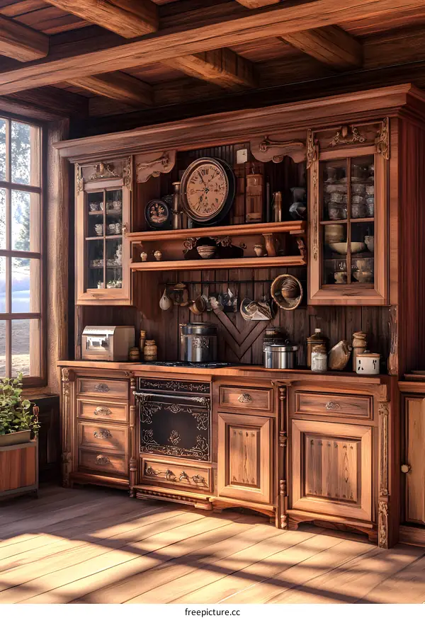 Rustic Wooden Kitchen Cabinet With Clock and Stove