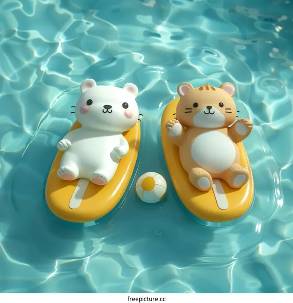 Two Cute Cats Floating on Pool Floats in a Swimming Pool