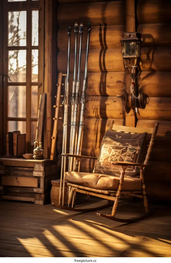 An Empty Wooden Cabin with a Rocking Chair by the Window